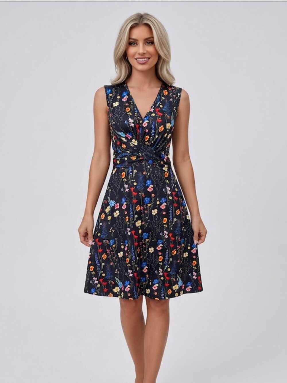 Black Floral Twist Front A-line Dress